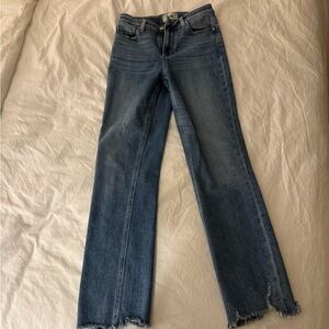 PAIGE Dark Blue Flare Jeans with Raw Hem